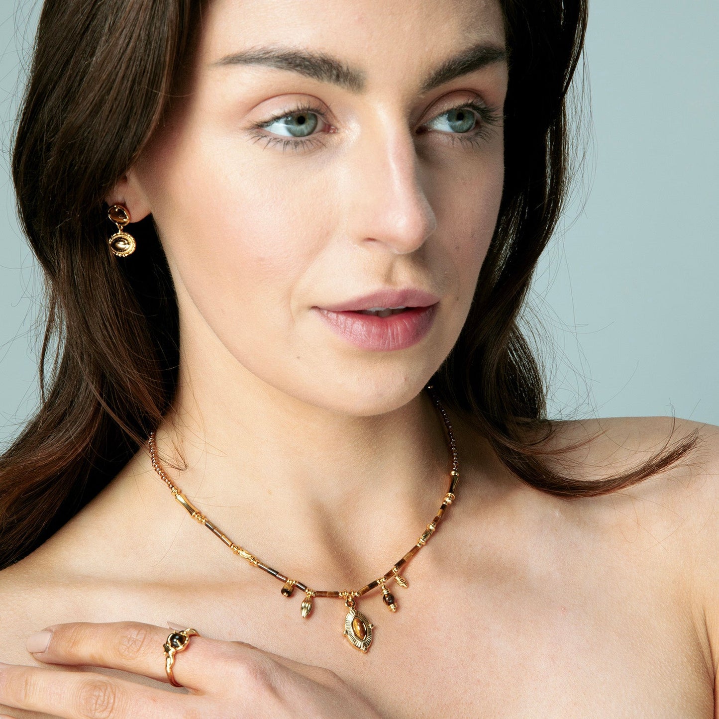 Boho Gold Tiger Eye Charm Necklace