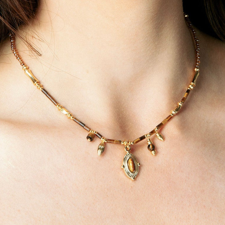 Boho Gold Tiger Eye Charm Necklace