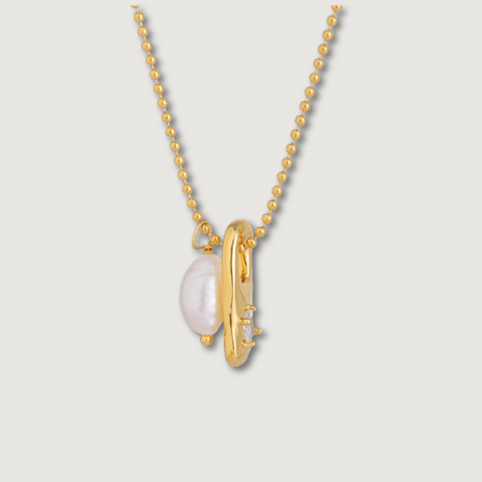 Gold Pendant Necklace with Freshwater Pearl and Zircon Charm