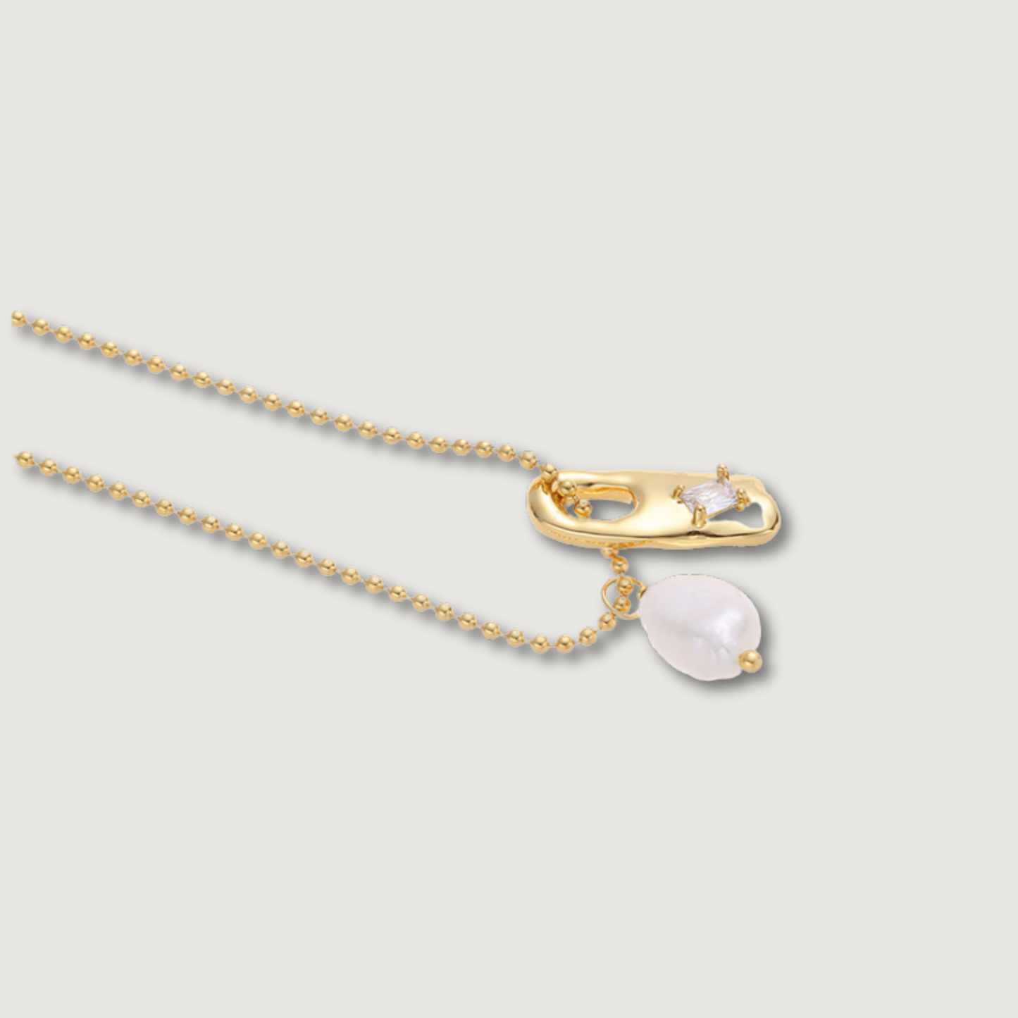 Gold Pendant Necklace with Freshwater Pearl and Zircon Charm