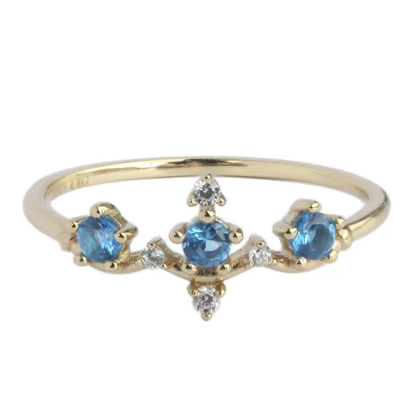 Vintage-Style Blue Zircon Crown Ring - 14k Gold Plated Silver