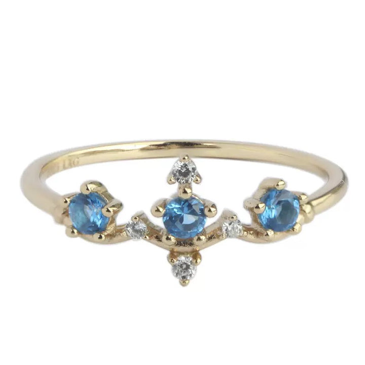Vintage-Style Blue Zircon Crown Ring - 14k Gold Plated Silver