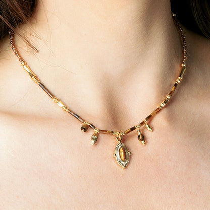 Boho Gold Tiger Eye Charm Necklace
