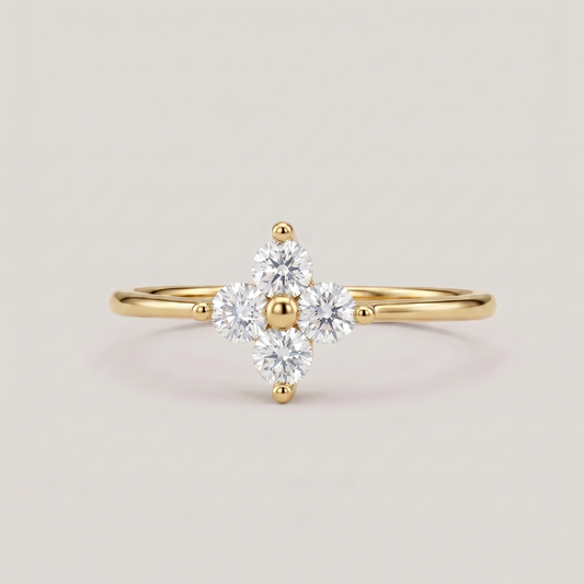 Dainty Gold Flower Ring with Cubic Zirconia - 14K Gold Plated Silver