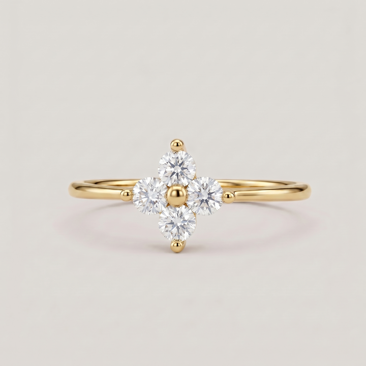Dainty Gold Flower Ring with Cubic Zirconia - 14K Gold Plated Silver