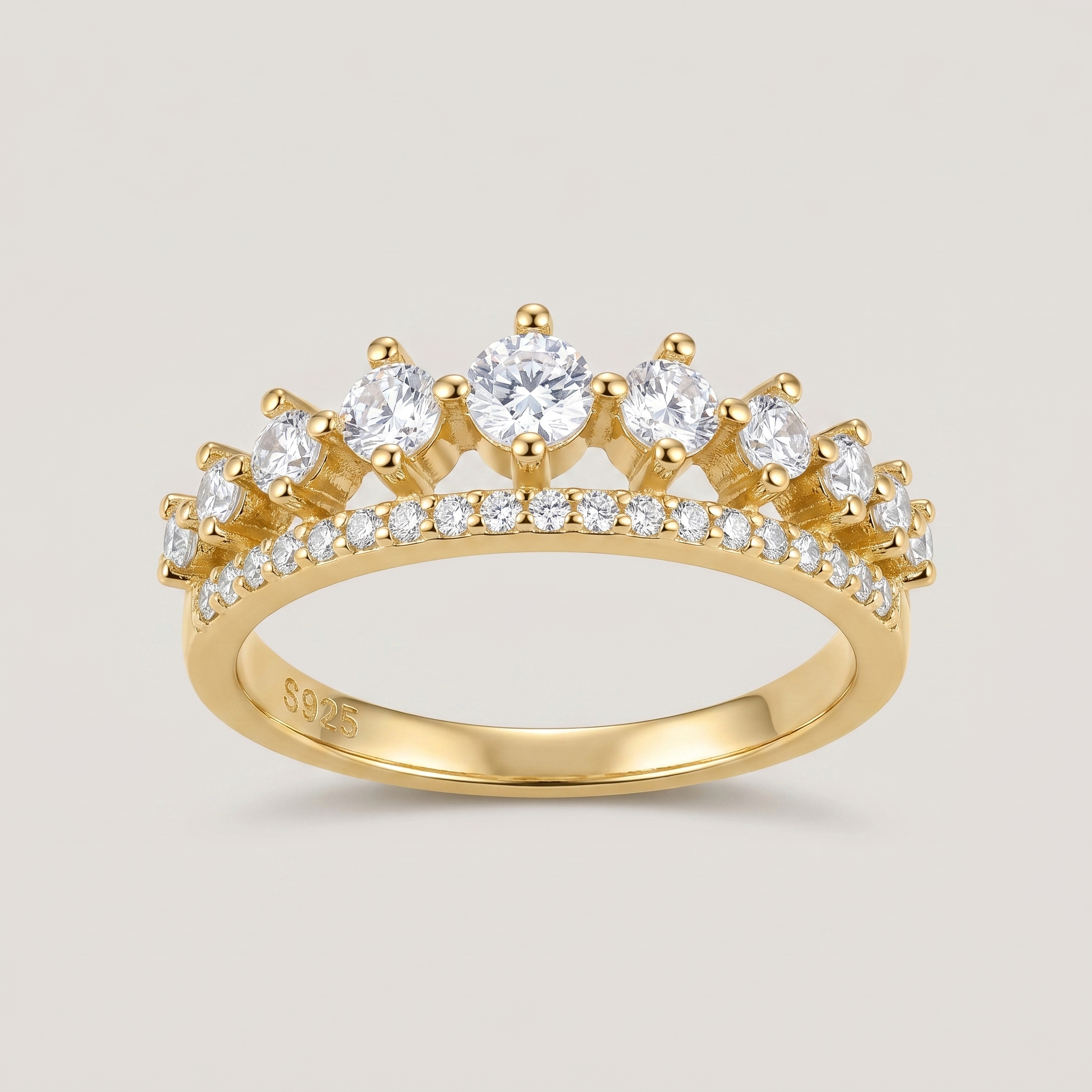 Gold Crown Ring with Cubic Zirconia - 18K Gold Plated Silver