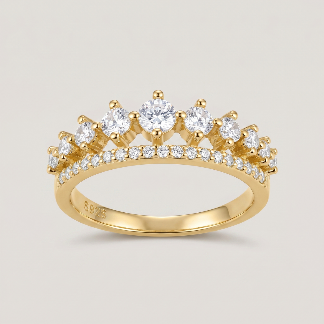 Gold Crown Ring with Cubic Zirconia - 18K Gold Plated Silver