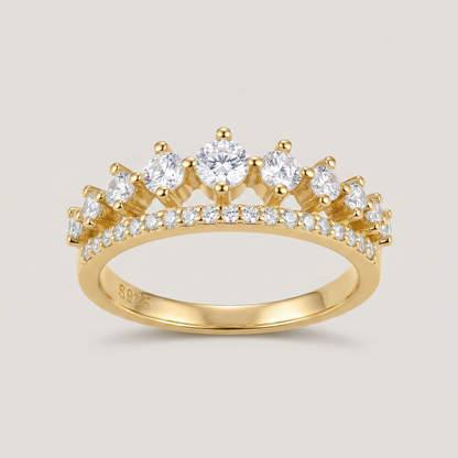 Gold Crown Ring with Cubic Zirconia - 18K Gold Plated Silver