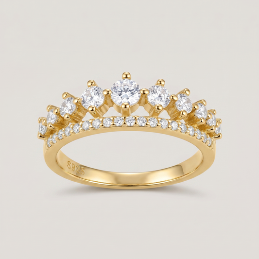 Gold Crown Ring with Cubic Zirconia - 18K Gold Plated Silver
