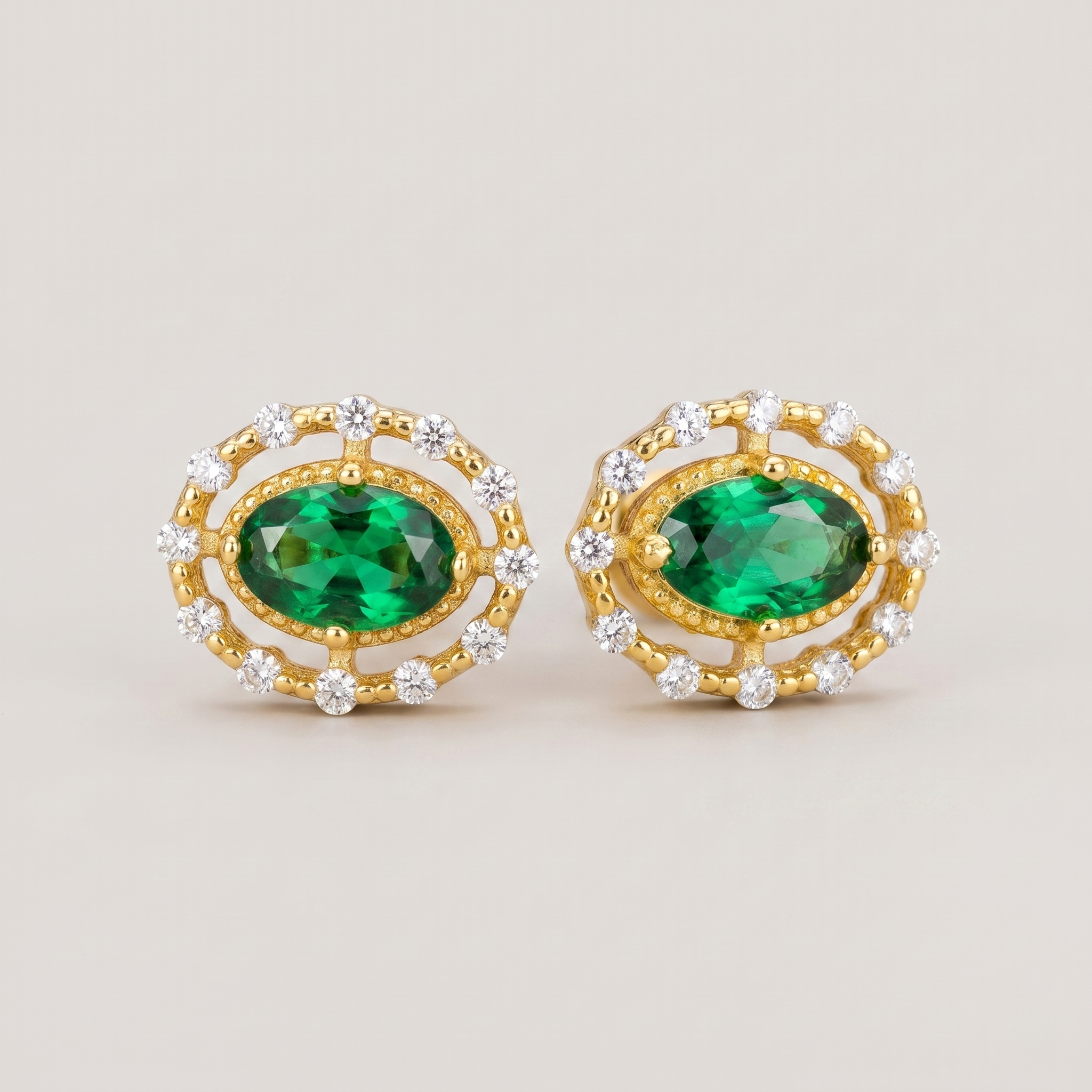 Green Gemstone Halo Stud Earrings - 14K Gold Plated Silver