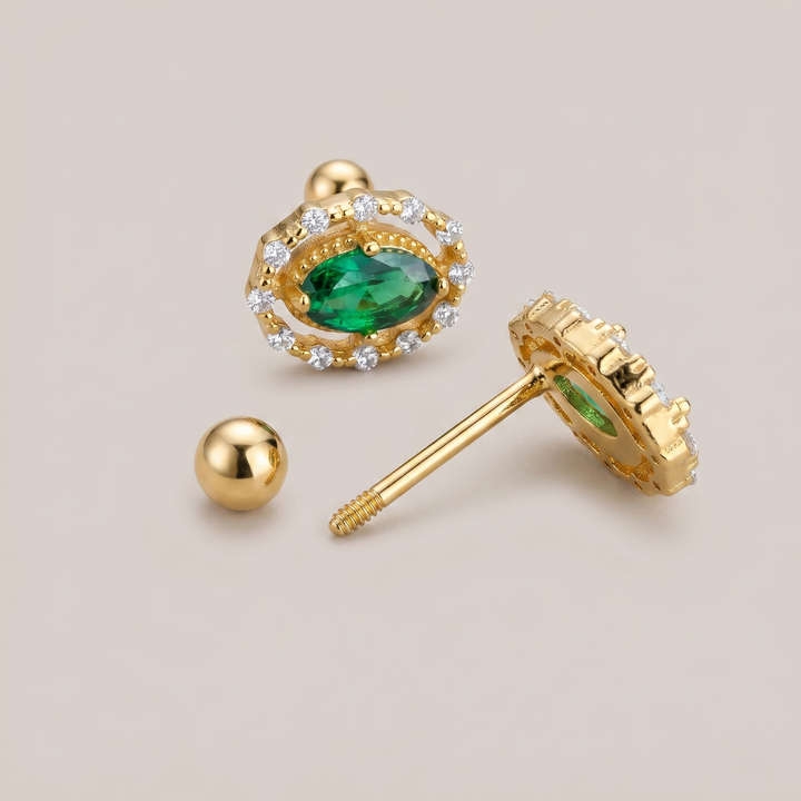 Green Gemstone Halo Stud Earrings - 14K Gold Plated Silver