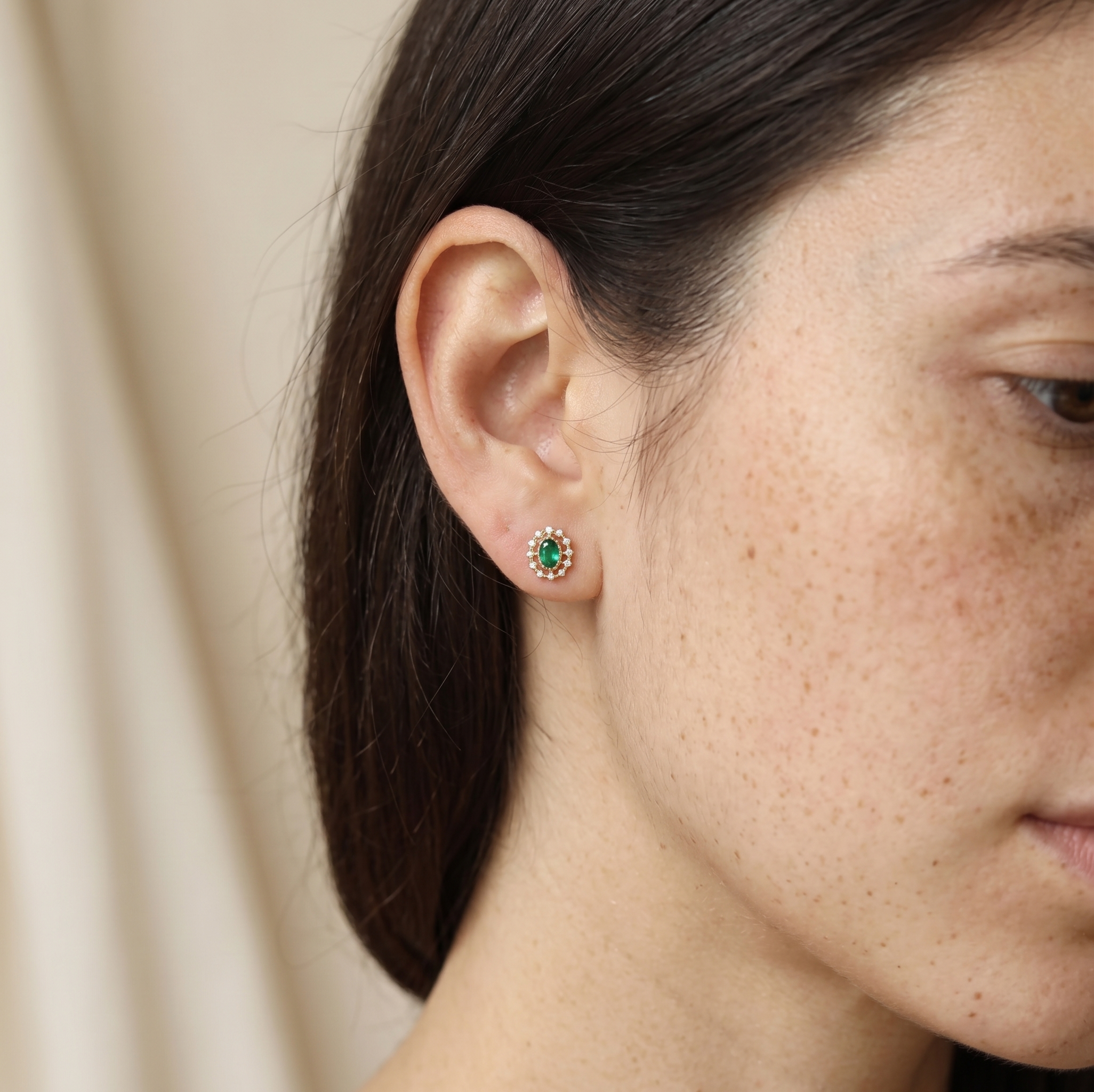 Green Gemstone Halo Stud Earrings - 14K Gold Plated Silver
