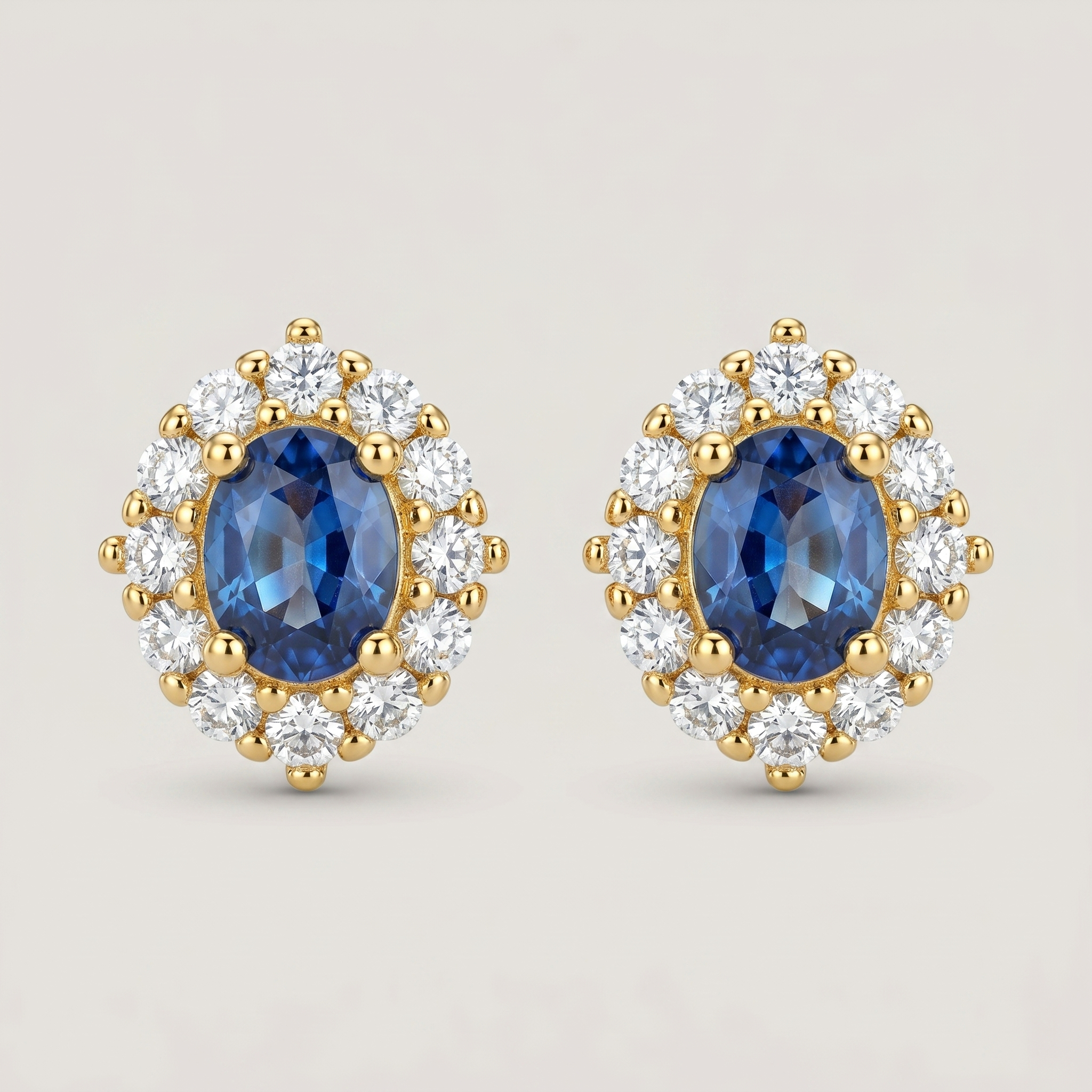 Blue Gemstone Halo Stud Earrings - 18K Gold Plated Silver
