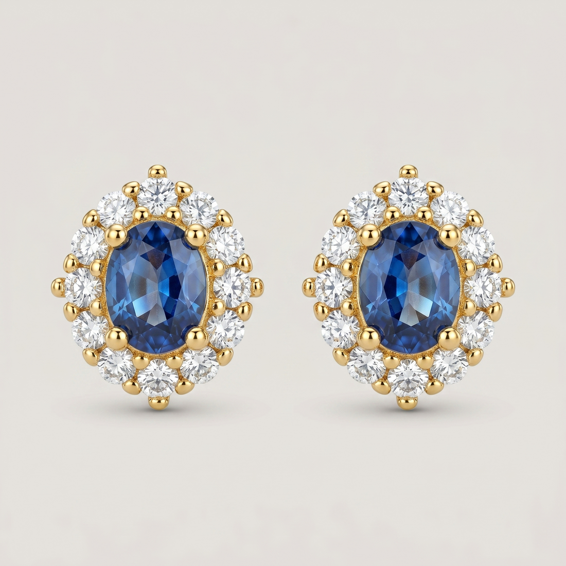 Blue Gemstone Halo Stud Earrings - 18K Gold Plated Silver