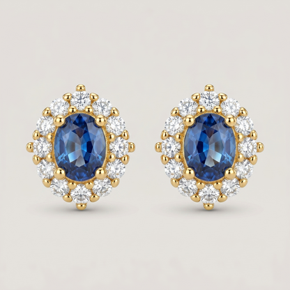 Blue Gemstone Halo Stud Earrings - 18K Gold Plated Silver