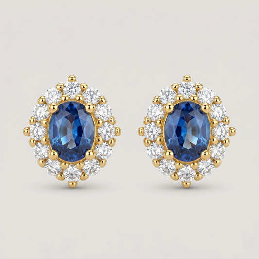 Blue Gemstone Halo Stud Earrings - 18K Gold Plated Silver