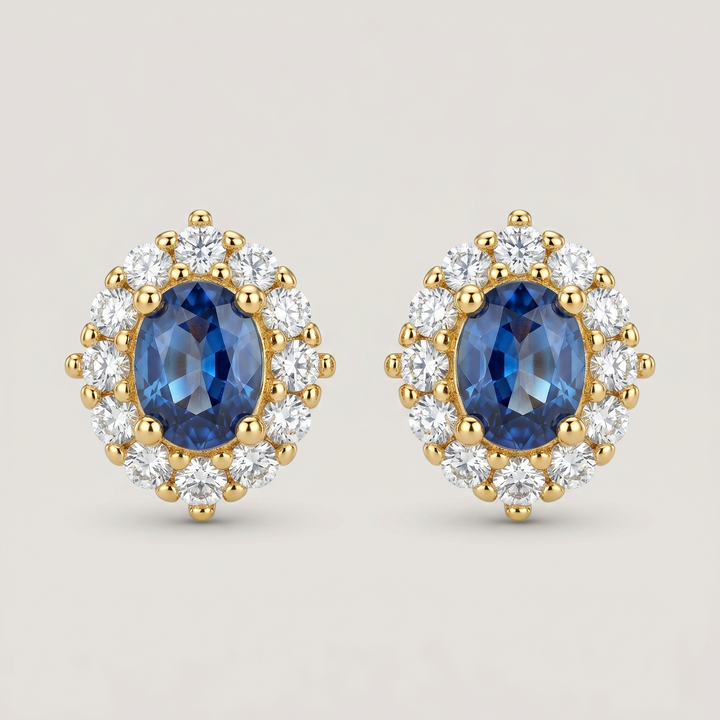 Blue Gemstone Halo Stud Earrings - 18K Gold Plated Silver