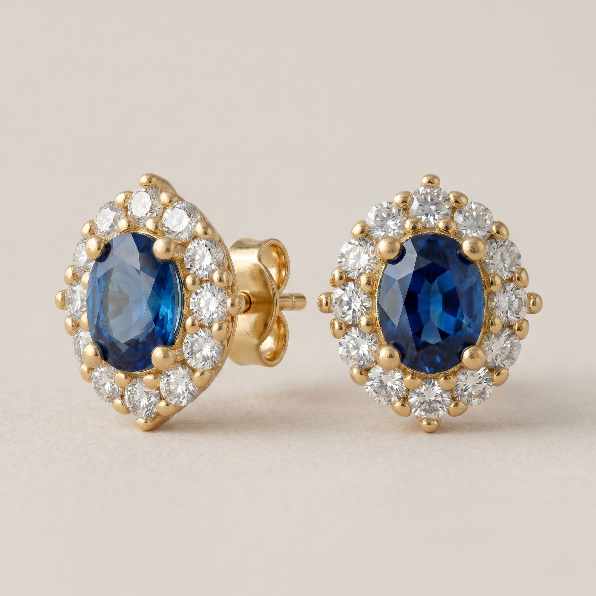 Blue Gemstone Halo Stud Earrings - 18K Gold Plated Silver