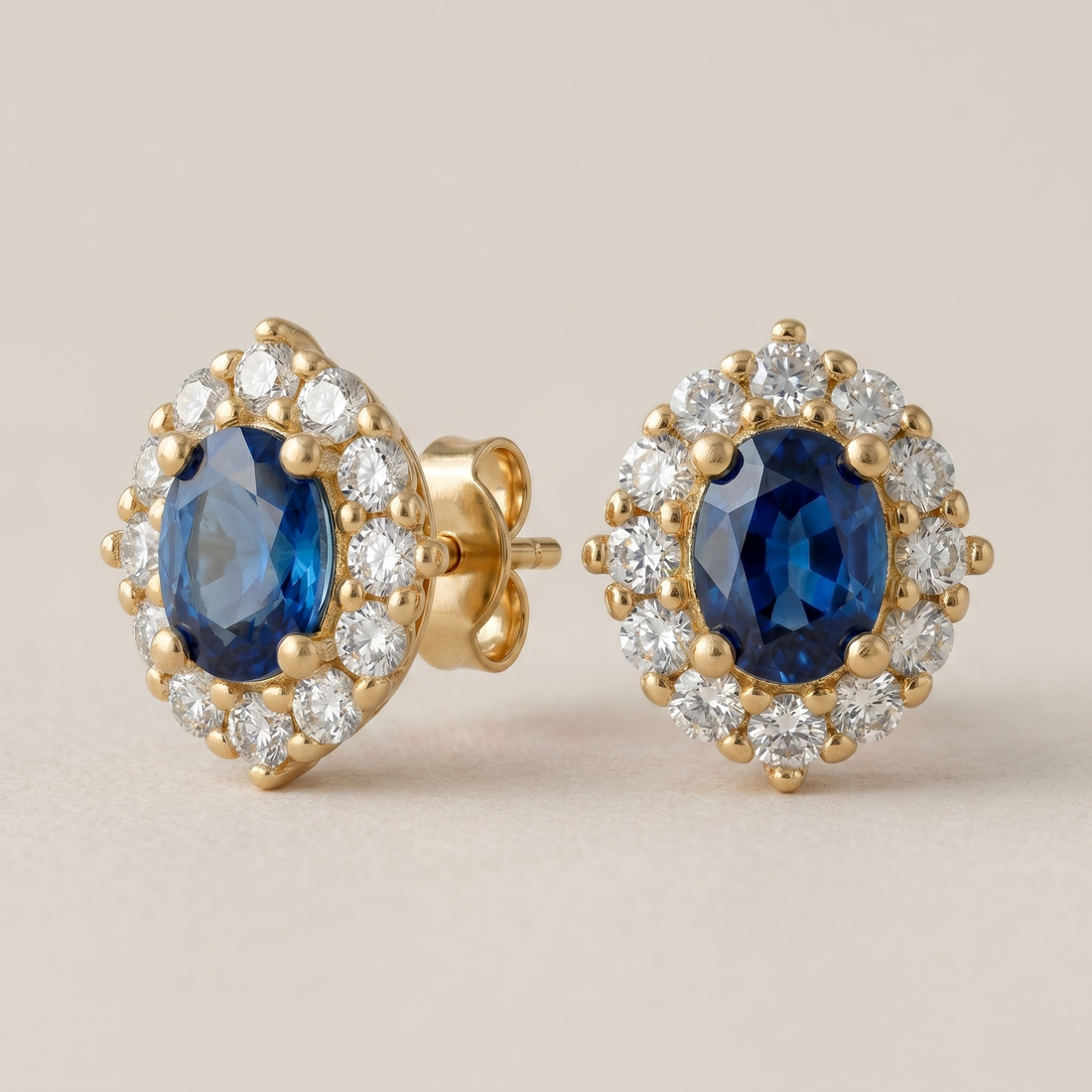 Blue Gemstone Halo Stud Earrings - 18K Gold Plated Silver