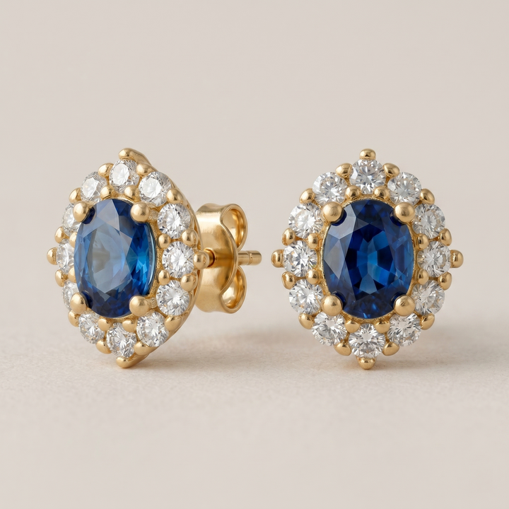 Blue Gemstone Halo Stud Earrings - 18K Gold Plated Silver