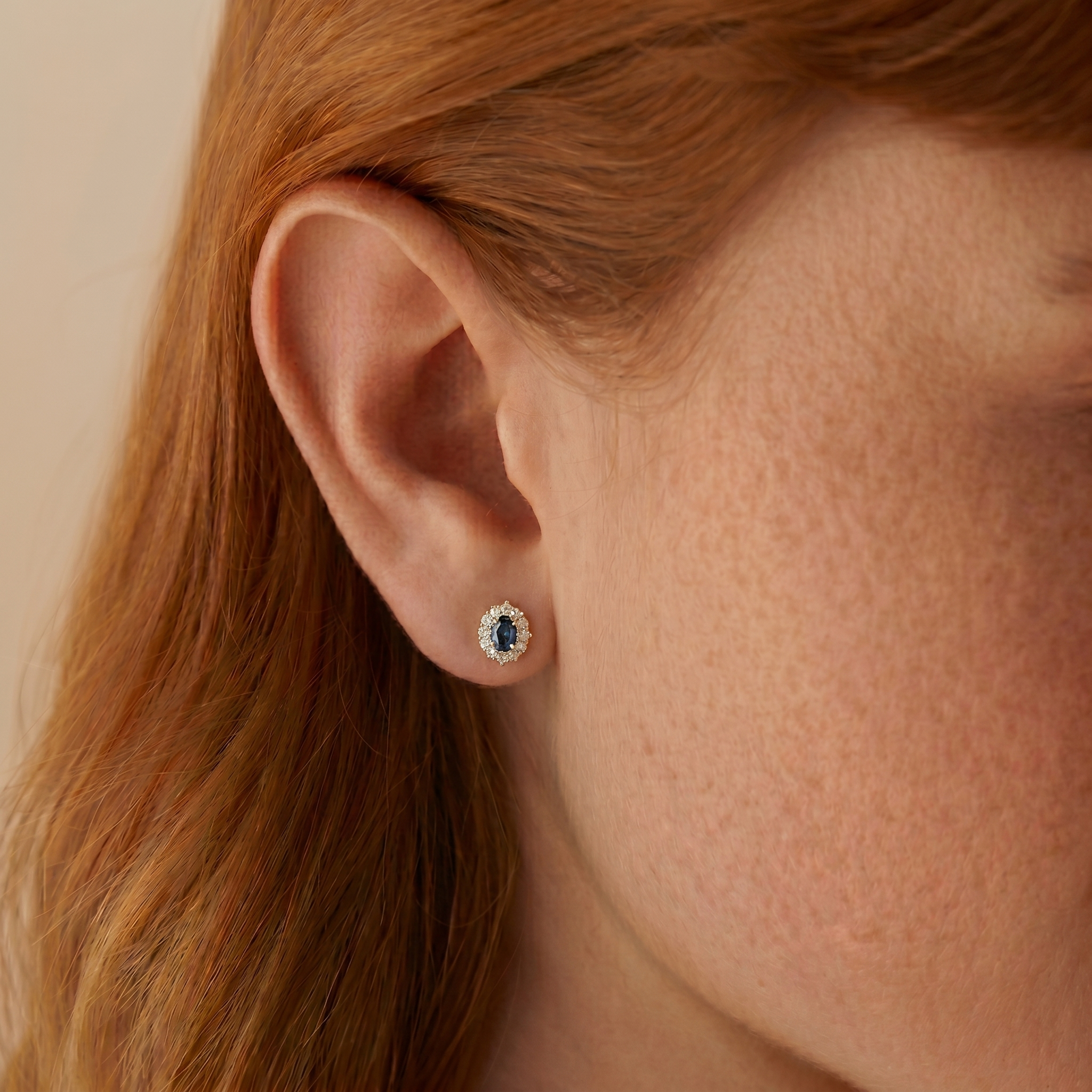 Blue Gemstone Halo Stud Earrings - 18K Gold Plated Silver