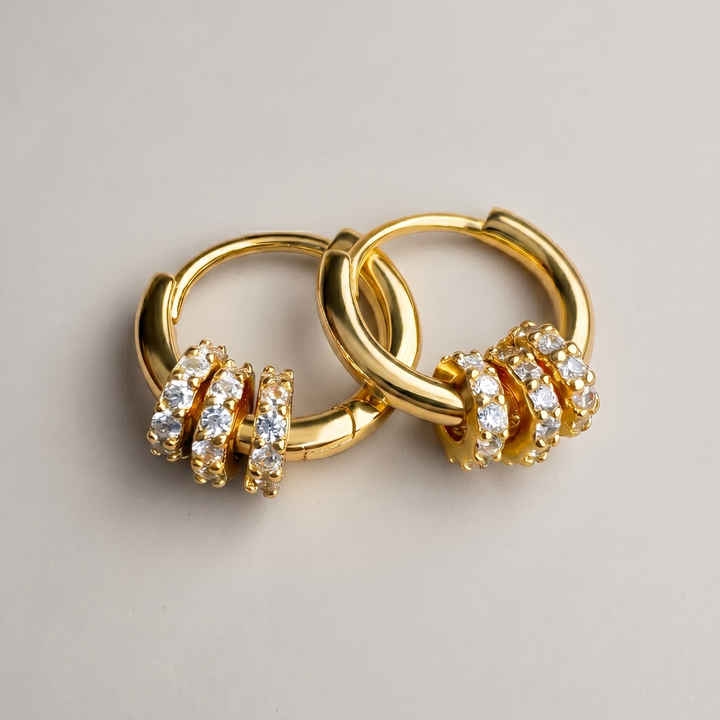 Gold Triple Crossover Hoop Earrings with Cubic Zirconia - 18K Gold Plated Silver