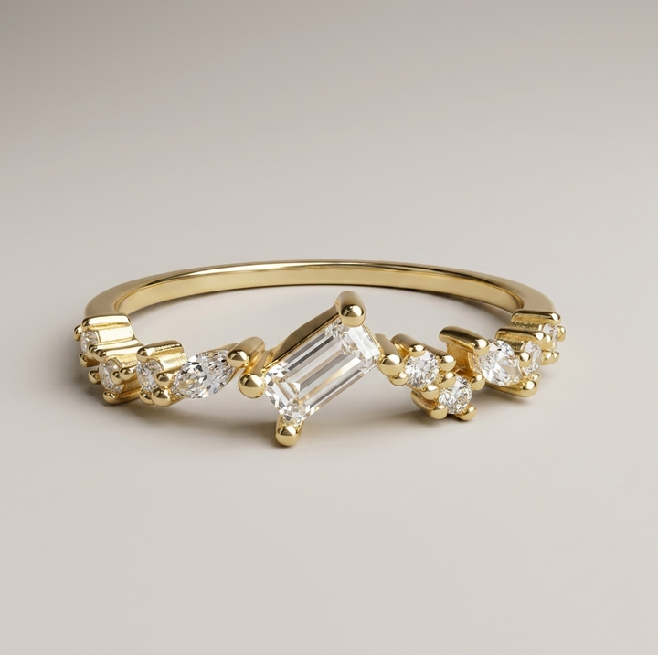Gold Baguette Cut Ring with Marquise & Round CZ - 14K Gold Plated Silver