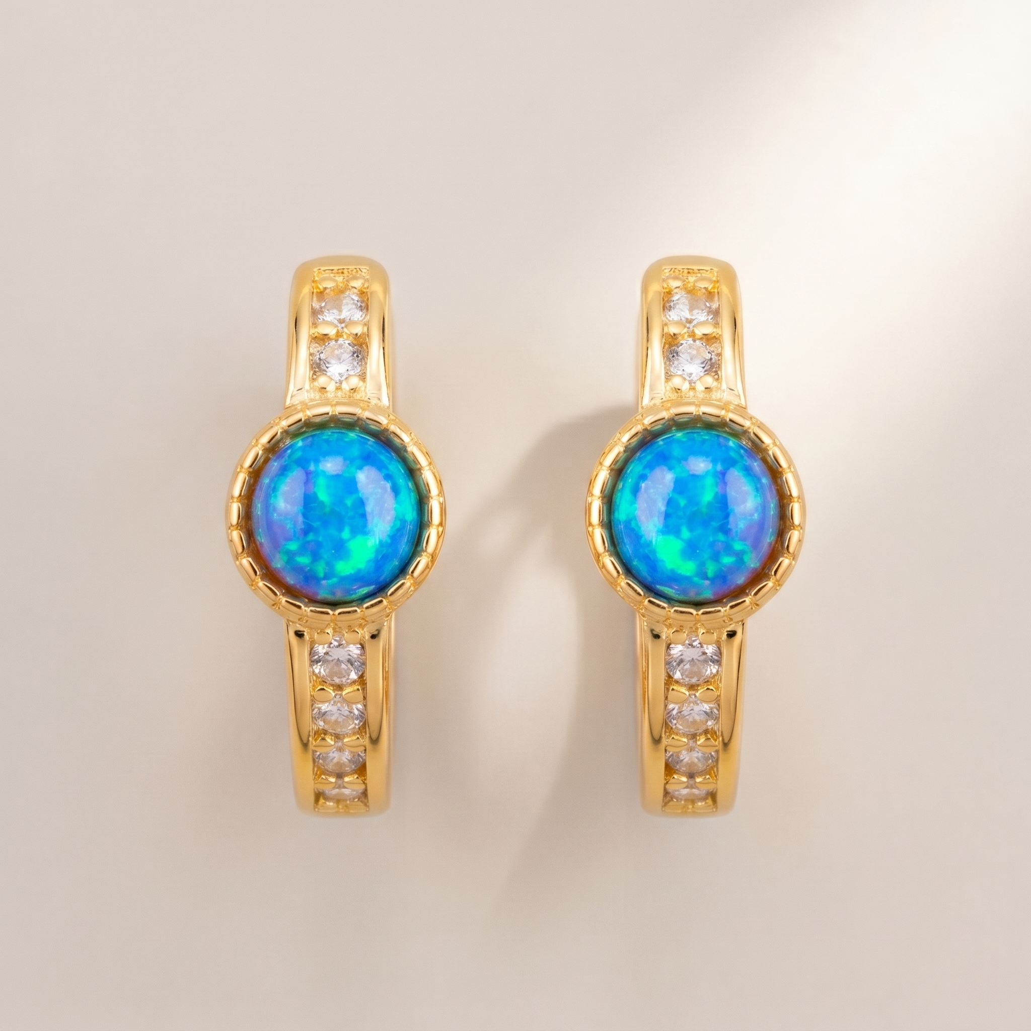 Gold Opal Hoop Earrings with Cubic Zirconia - 18K Gold Plated Silver