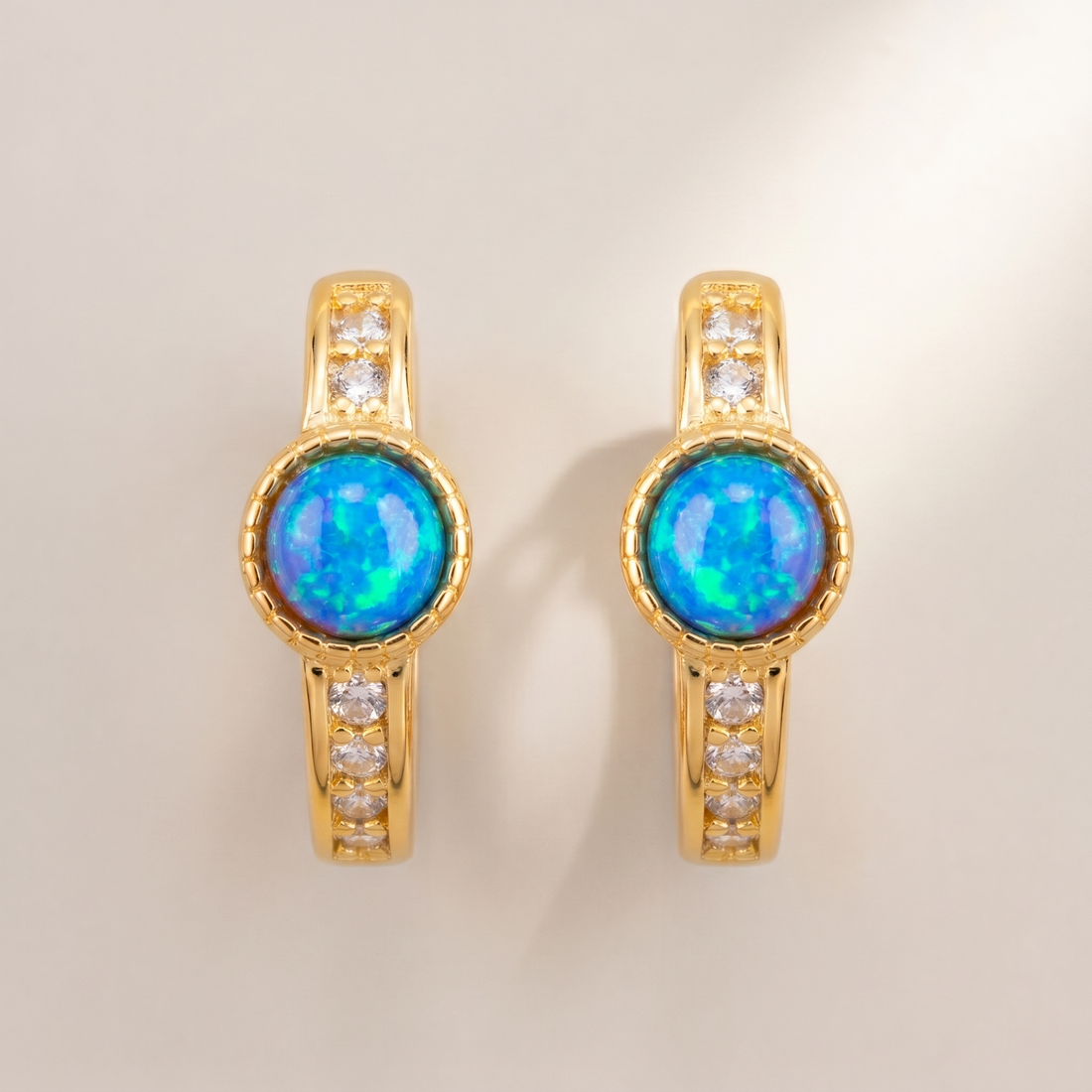 Gold Opal Hoop Earrings with Cubic Zirconia - 18K Gold Plated Silver
