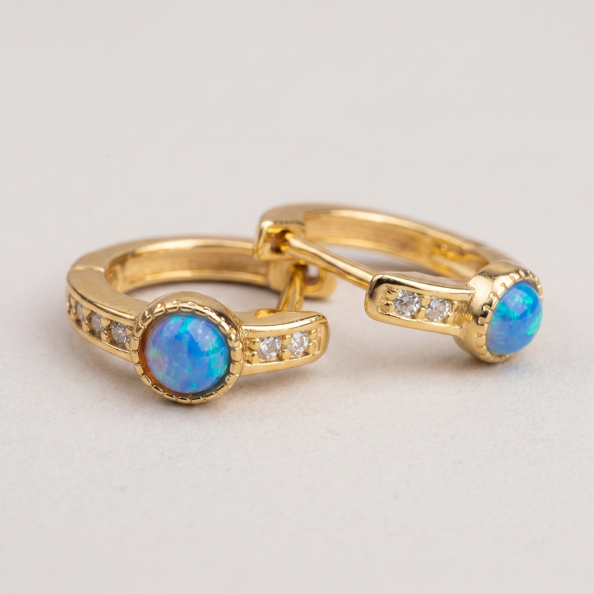 Gold Opal Hoop Earrings with Cubic Zirconia - 18K Gold Plated Silver