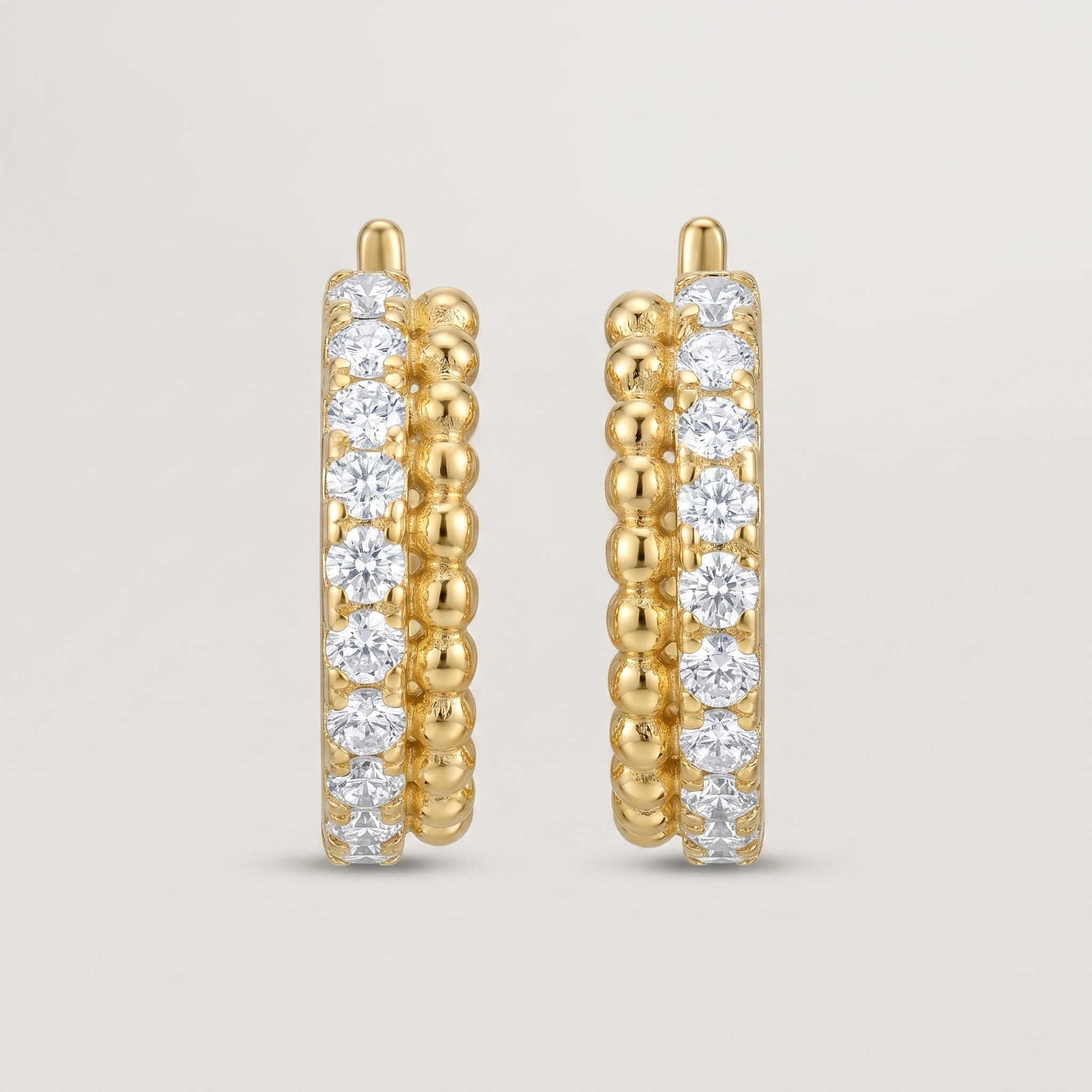 Gold Hoop Earrings with Cubic Zirconia & Beaded Detail - 18K Gold Plated Silver
