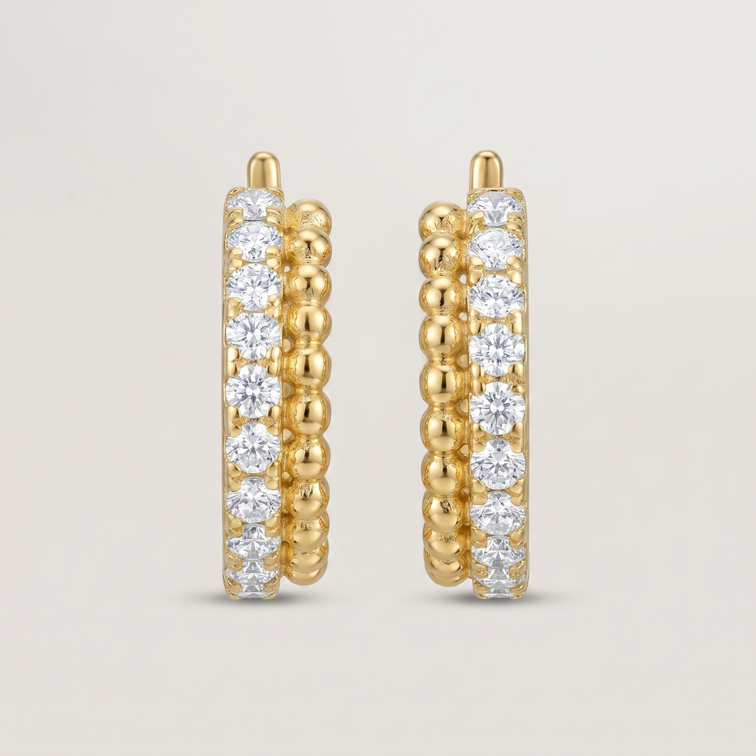 Gold Hoop Earrings with Cubic Zirconia & Beaded Detail - 18K Gold Plated Silver