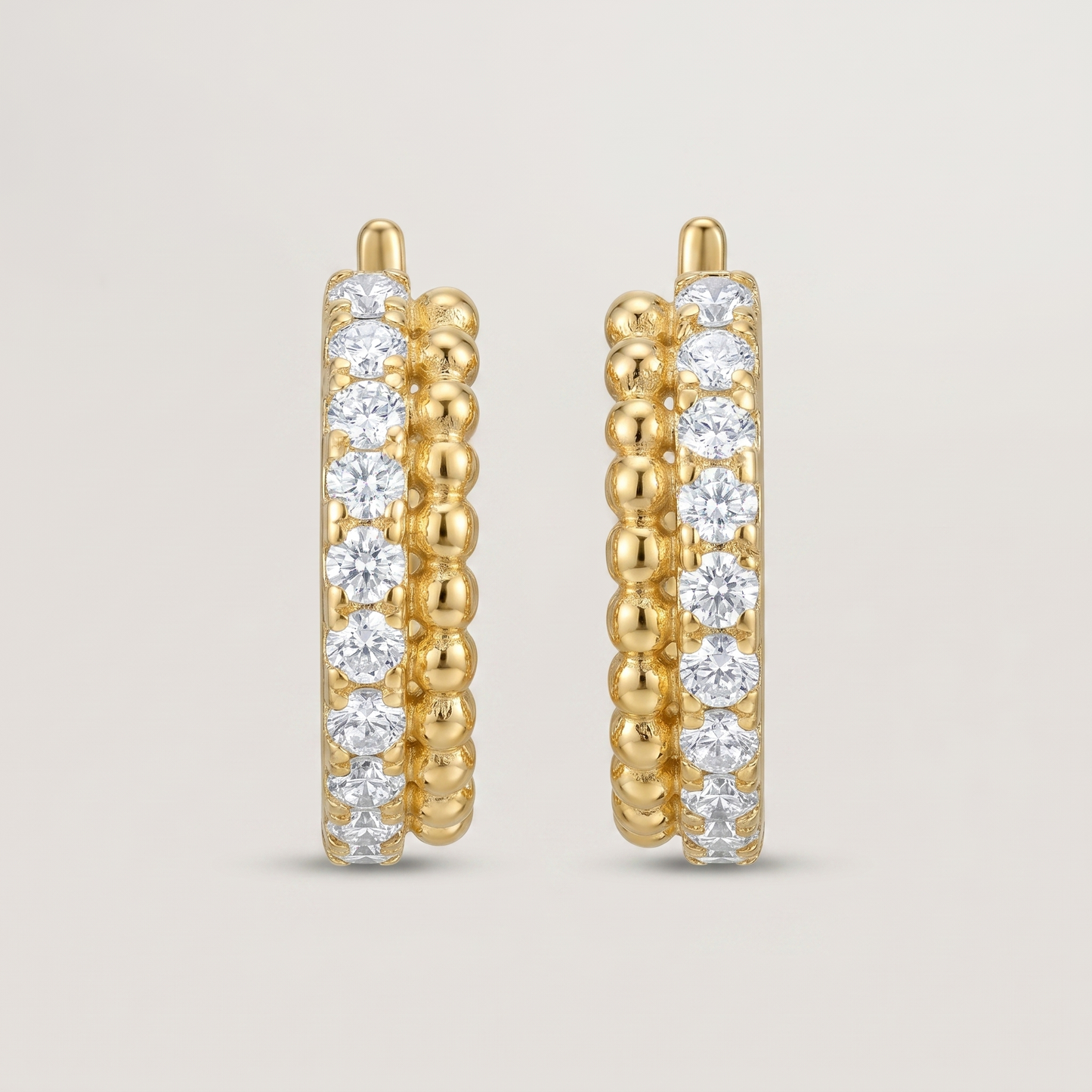 Gold Hoop Earrings with Cubic Zirconia & Beaded Detail - 18K Gold Plated Silver