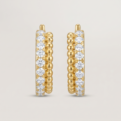 Gold Hoop Earrings with Cubic Zirconia & Beaded Detail - 18K Gold Plated Silver