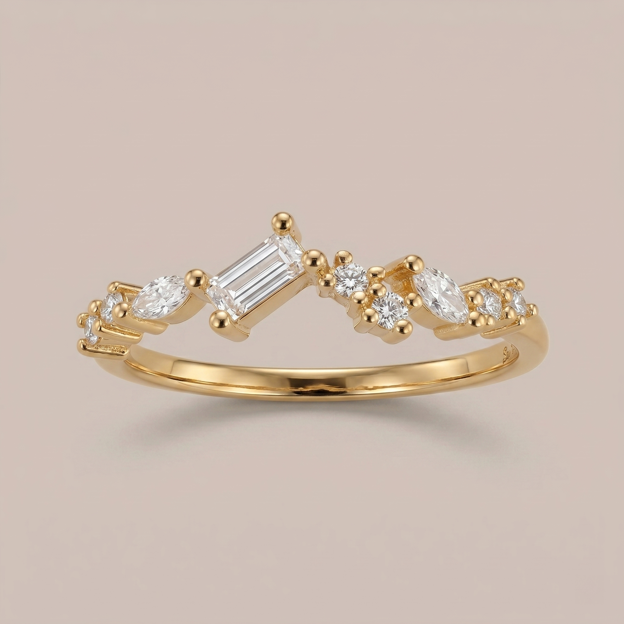Gold Baguette Cut Ring with Marquise & Round CZ - 14K Gold Plated Silver