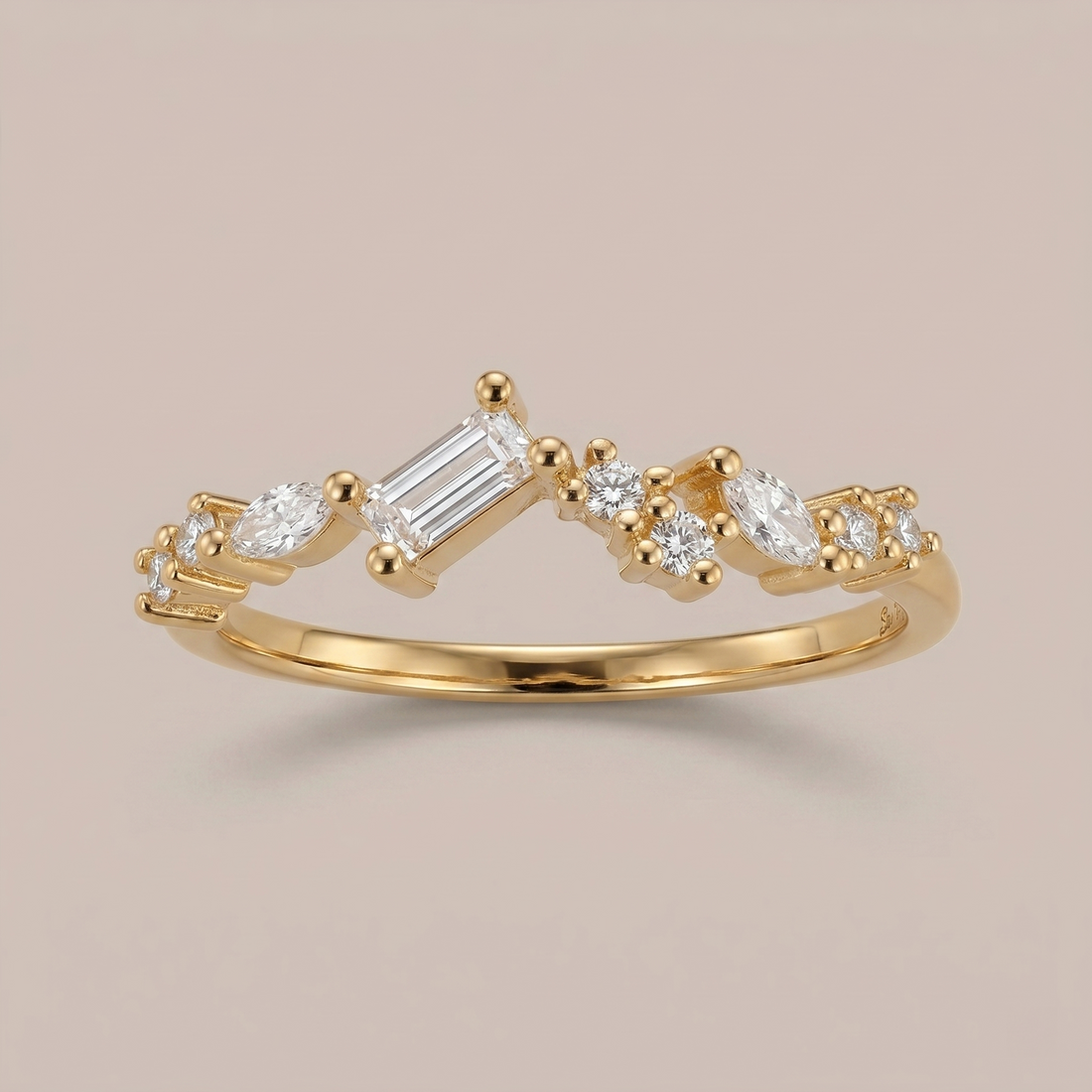 Gold Baguette Cut Ring with Marquise & Round CZ - 14K Gold Plated Silver