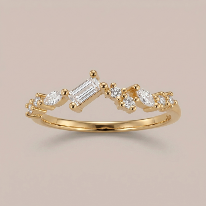 Gold Baguette Cut Ring with Marquise & Round CZ - 14K Gold Plated Silver