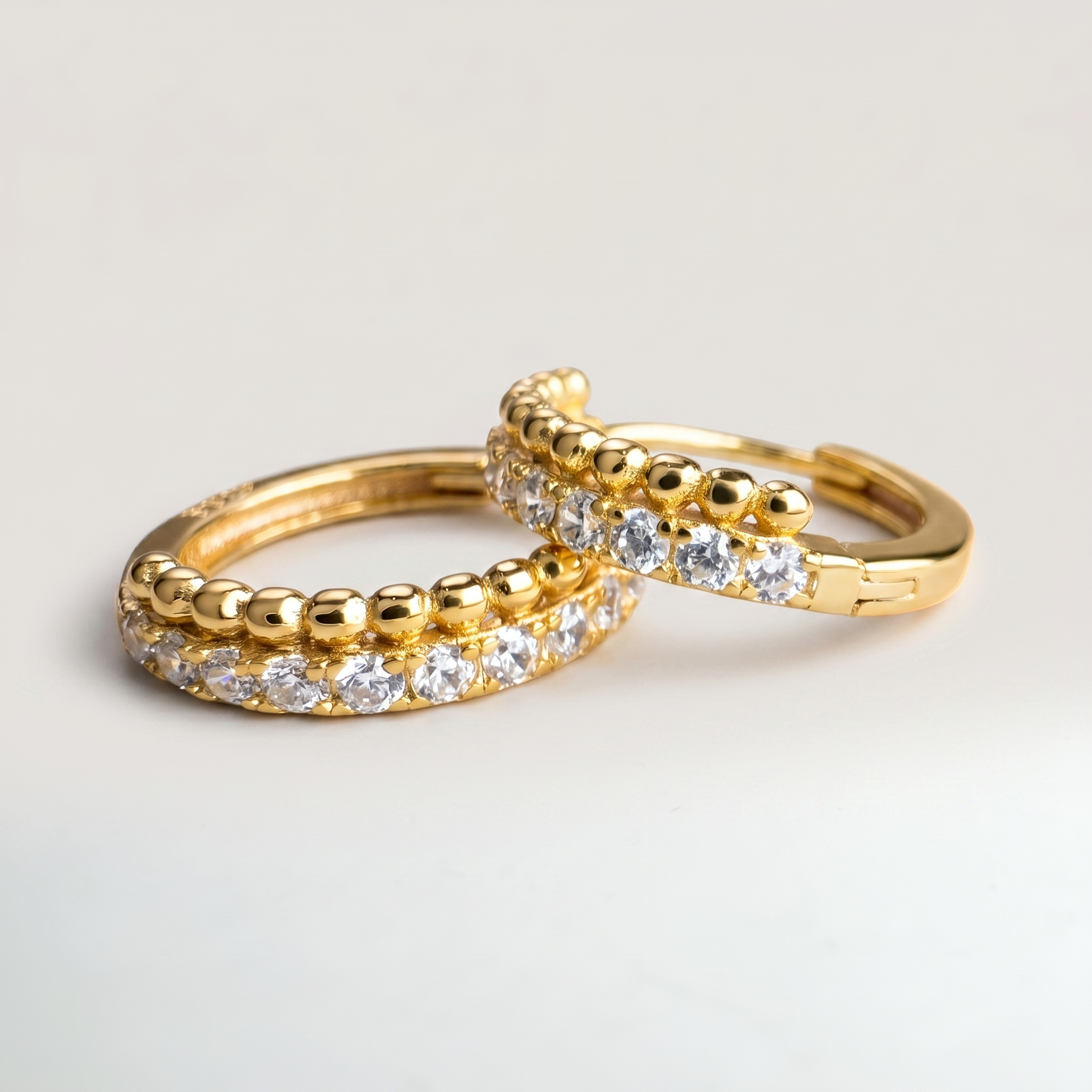Gold Hoop Earrings with Cubic Zirconia & Beaded Detail - 18K Gold Plated Silver