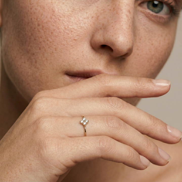 Dainty Gold Flower Ring with Cubic Zirconia - 14K Gold Plated Silver