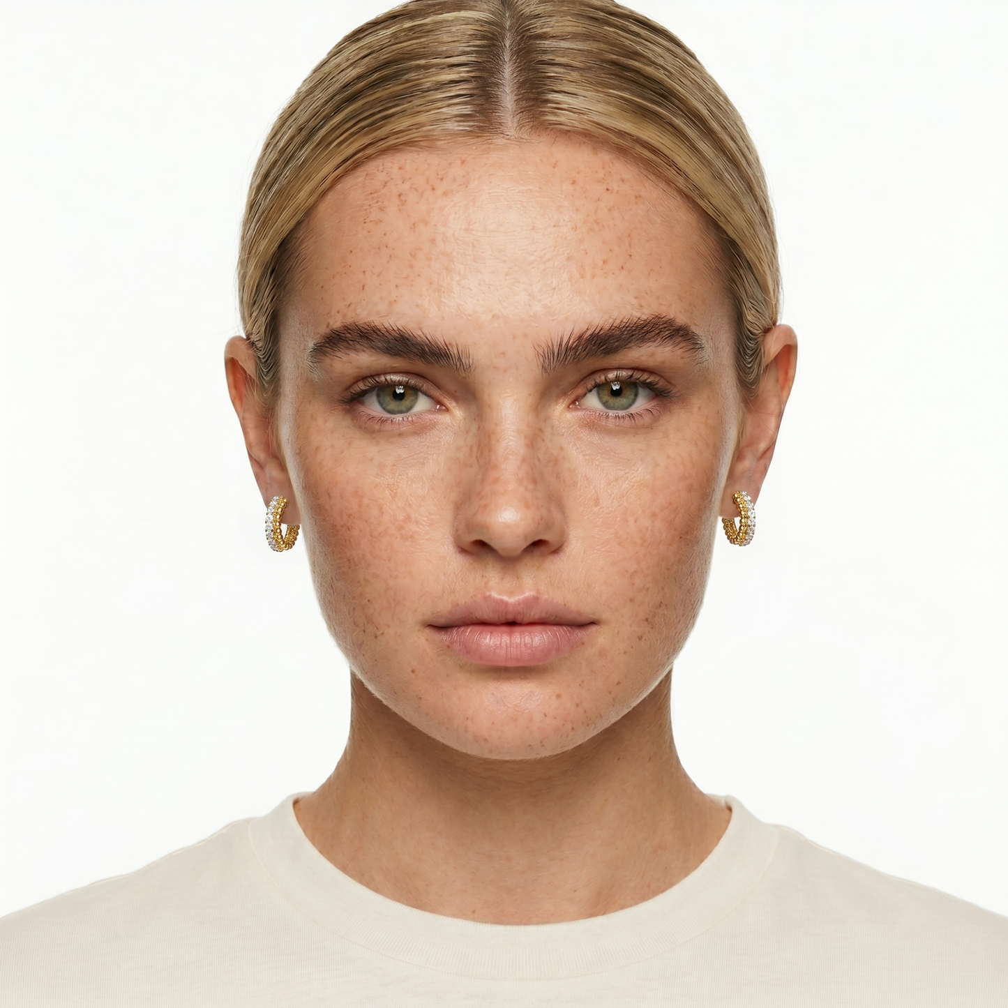 Gold Hoop Earrings with Cubic Zirconia & Beaded Detail - 18K Gold Plated Silver